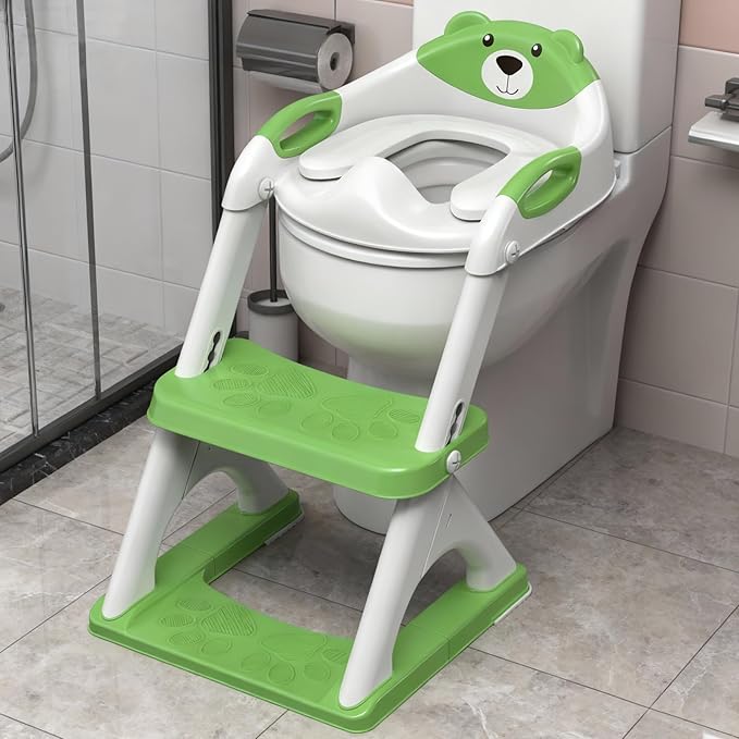 SKYROKU Potty Training Seat for Toddlers – 2-in-1 Adjustable potty ladder with Step Stool, Anti-Slip Cushion, Splash Guard & Extra-Wide Pedals, Supports 200+ lbs, Ideal for Boys & Girls (8899-Green)