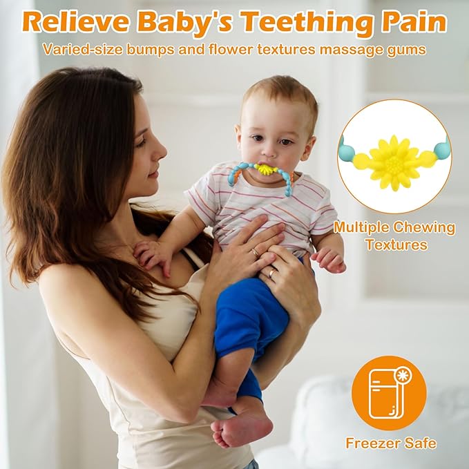 Teething Necklace for Baby, One-Piece Safety Design for Toddler, Chew Necklaces for Sensory Kids Adults with Autism, ADHD, Fidget, Biting, Anxiety - Flower Chew Jewelry Toys for Teething Relief