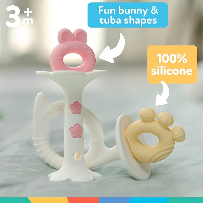 Nuby Silicone Fun Teethers - (2-Pack) Baby Teething Toy - Bunny and Tuba Shapes - 3+ Months - Blue and Green