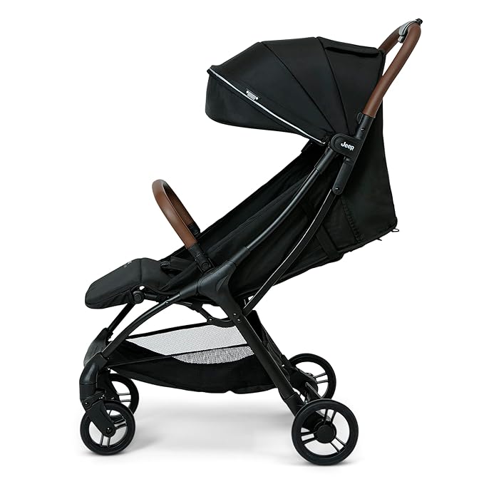 Jeep Altitude Compact Travel Stroller by Delta Children Greenguard Gold, Easy One Hand Fold, Lightweight, Extendable Canopy with Peek-a-Boo Window, Reclining Seat, 4 Wheel Suspension, Black