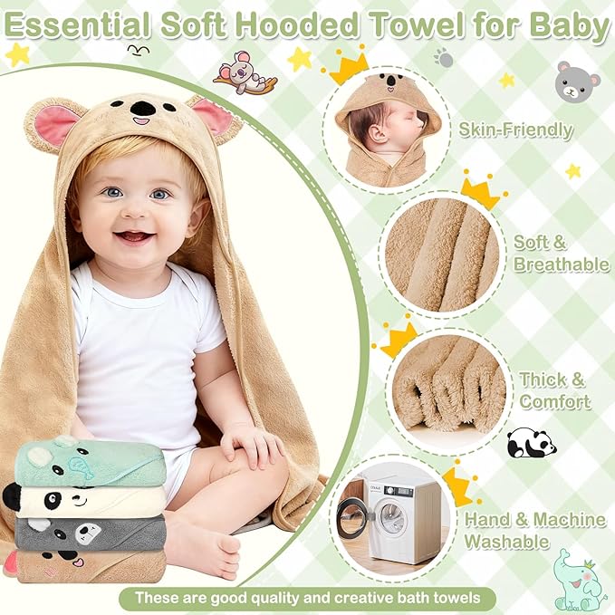 14 Pcs Baby Towels Washcloths and Baby Bibs Set, 4 Pcs 32x32 Hooded Bath Towel, 8 Pcs Baby Washcloths and 2 Pcs Cotton Baby Bibs for Newborns, Toddlers and Kids, Soft Baby Towel Set for Boys and Girls