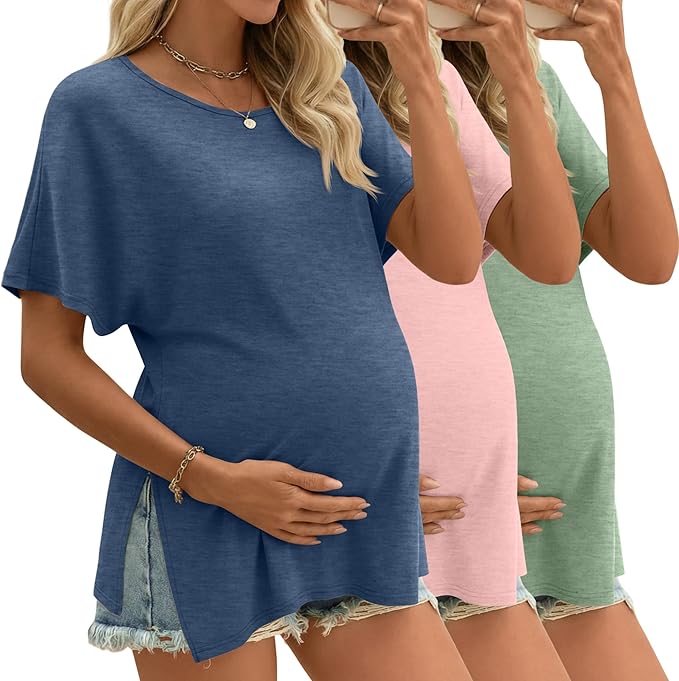 Riyiper 3 Pack Women's Maternity Tunic Shirts Cotton Summer Pregnancy Clothes Loose Oversized Split Side Blouse Tops