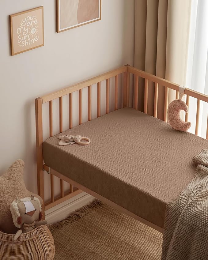 Blissful Diary Muslin Mini Crib Sheets, Pack and Play Mattress Sheets Fitted for Pack N Play, Soft Cotton for Boys Girls, 2 Pack(Brown Checkboard & Brown)