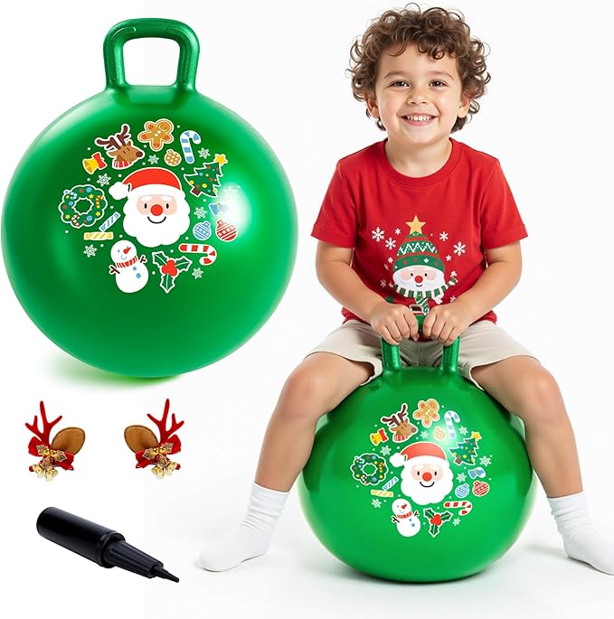 EVERICH TOY Hopper Ball for Kids 18In Sit On Bouncy Balls with Handle for Indoor Outdoor Active Play, Green Christmas Inflatable Boys Girls Gifts for 4 5 6 7 8 Years Old with Christmas Reindeer Ears