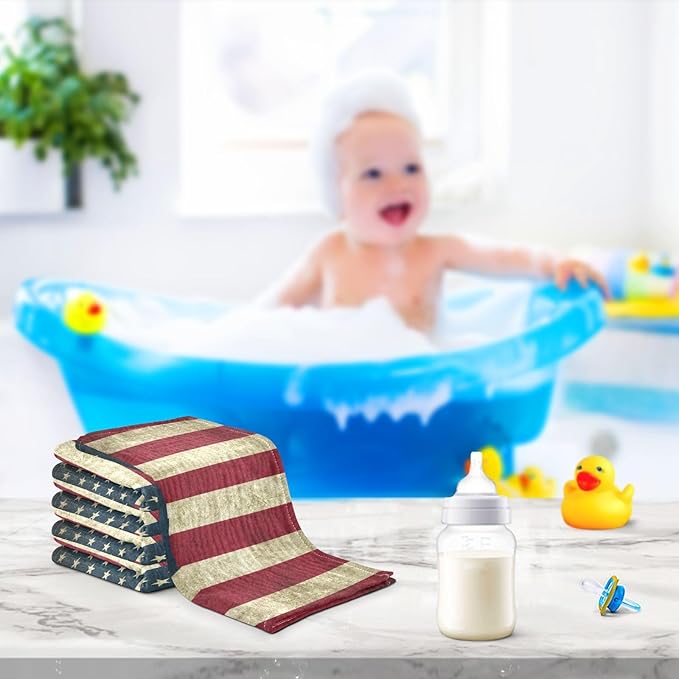 YETTASBIN American Flag Muslin Baby Hand Washcloths, Soft Cotton Bath Face Towel, 4 Layers Extra Absorbent Feeding Burp Cloth for Newborn Infant, 3 Pack