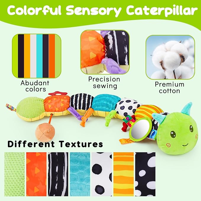 Baby Sensory Toy 0-6 Month Music Animal Stuffed Plush Caterpillar Toy for Infant 0-3-6-12 Month Old Tummy Time with Mirror Crinkle Rattle Toys for Newborn Boys Girl Shower Gifts Easter Basket Stuffer