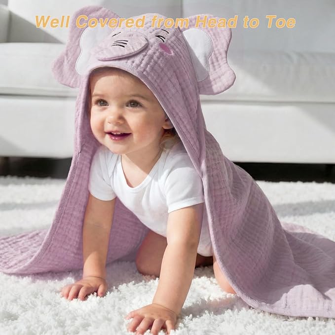 CandyHome 4 Pack Muslin Baby Towels for Newborn Set, 100% Cotton 2 Hooded Baby Bath Towels 32x32" with 2 Washcloths 10x10", Super Soft Absorbent Infant Toddler Bath Essentials Gifts, Elephant & Deer