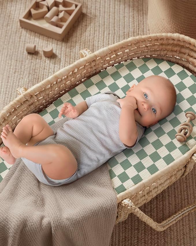 Blissful Diary Muslin Bassinet Sheets for Baby Girls Boys, Boho Soft Cotton Fitted for Oval Hourglass Rectangle Mattress, 2 Pack(Sage Checkboard & Sage Green)