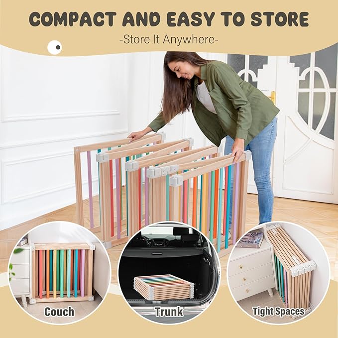 Baby Wooden Playpen, Foldable Shape & Size Adjustable Playpen for Toddler and Babies, Wood Baby Play Yard with Locking Gate, Large Pack and Play for Play Area Indoor(Multicolor, 8 Panel)
