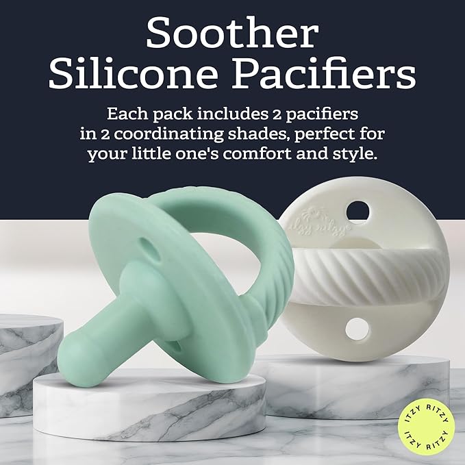 Itzy Ritzy Silicone Pacifiers for Newborn – Itzy Soother Pacifiers Feature Collapsible Handle & Two Air Holes for Added Safety – for Ages 0-6 Months, Set of 2 in Mint & White