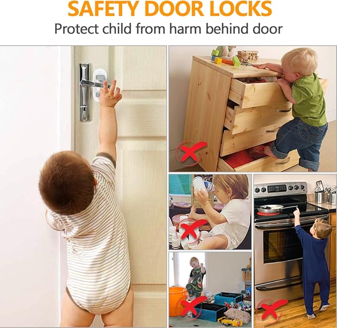 4-Pack Door Handle Baby Proof Lock – Child Proof Door Lever Lock for Kids Safety – Stops Toddler, Dog & Cat from Opening Doors – Easy One-Hand Adult Use, No-Drill Adhesive – Fits Home Bath/Kitchen