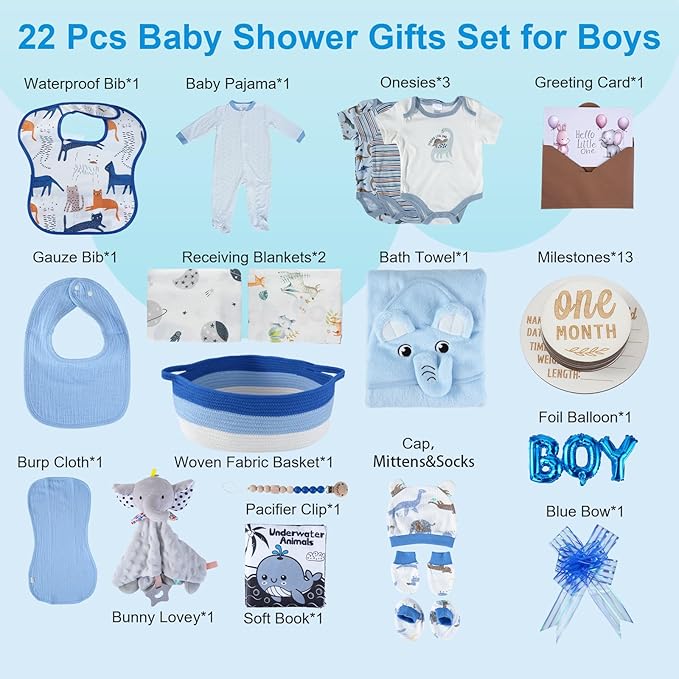 22-Pcs Baby Boy Gift Basket Set, Blue (0-12M Newborn) | Premium Baby Shower Gifts for Boys: Newborn Essentials Set in Woven Basket with Balloon & Bow, Ultimate Welcome Baby Package