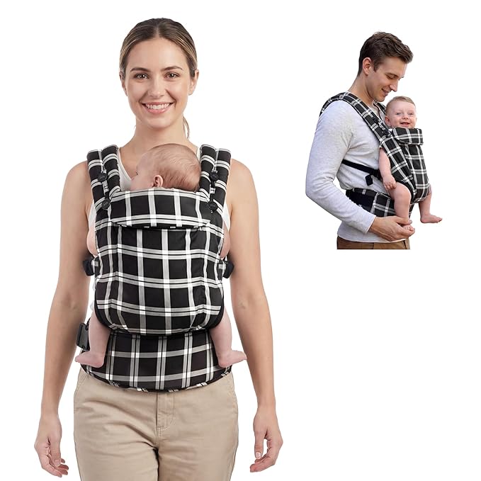 FRUITEAM Baby Carrier, Toddler Carrier with Adjustable Seat Size & Lumbar Support, Ergonomic Baby Carrier Newborn (7-25 Lbs), Easy to Wear, Travel and Hiking Friendly (Black White Check)