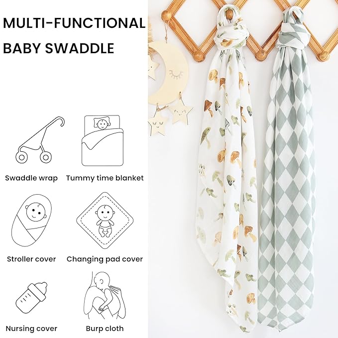 LifeTree Muslin Swaddle Blankets, Baby Swaddling Blanket for Boys Girls, Super Soft 70% Viscose from Bamboo and 30% Cotton, Large 47" x 47", Checkered & Mushroom, Newborn Baby Registry