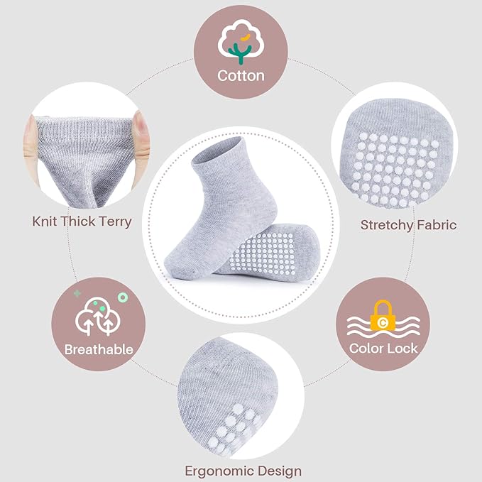JAKIDAR 12 Pack Baby Toddler Socks Non Slip Grip Cotton Crew Socks for Boys Girls Infants Kids