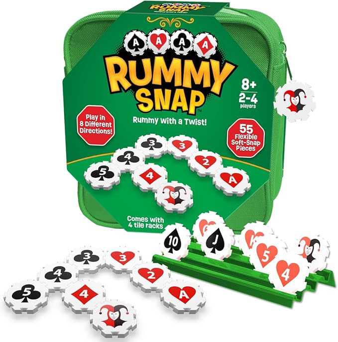 Rummy Strategy Game for Adults, Family, and Kids, Includes Full Size Snap Tiles, Racks, and Storage Travel Bag, Fun for Ages 8+, 2-4 Players