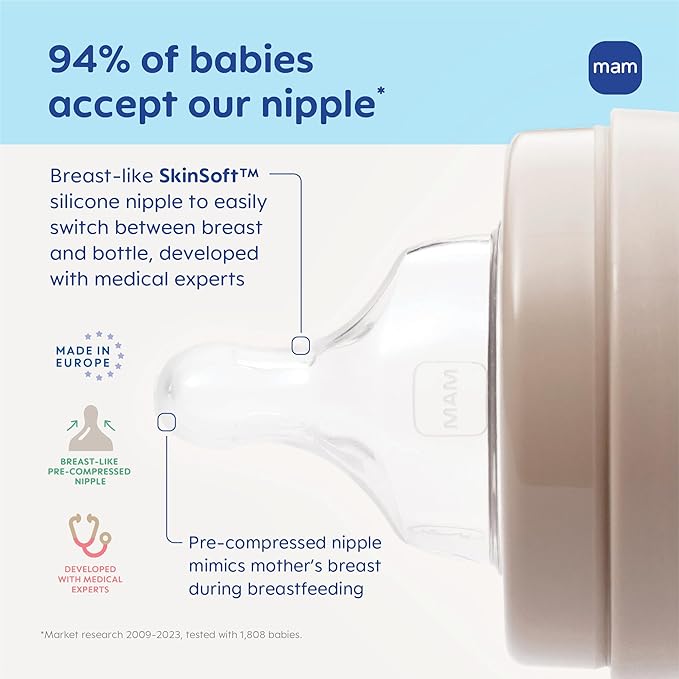 MAM Premium Glass Baby Bottles, Easy Switch Between Breast and Bottle, Feel Good Slow Flow, Newborn Essentials Must Have, 2+ Months, BPA Free, 9oz, Unisex, 3 Pack