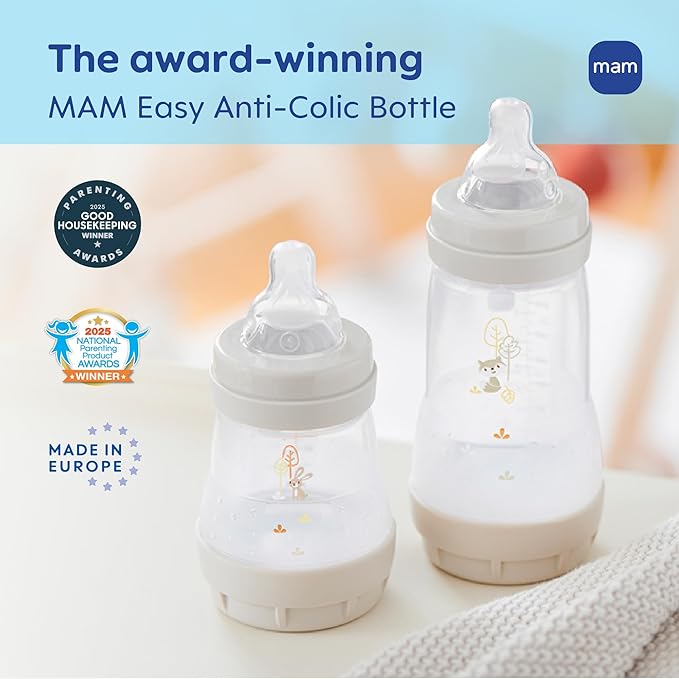 MAM 9oz Easy Start Anti-Colic Baby Bottles, Medium Flow with 2 Bonus Nipples Set (Fast & Extra Fast Flow), Reduces Colic, Gas, & Reflux, Easy-to-Clean, BPA-Free, 2+ Months, Made in Europe Pack of 6