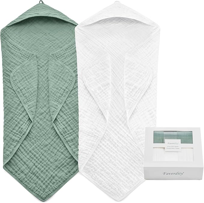 Hooded Baby Towels for Newborn, 35x35 Inch 2 Pack 100% Muslin Cotton Baby Bath Towel, Soft Baby Beach Towels with Hood for Infants, Toddlers and Kids, (Roman Green + White)