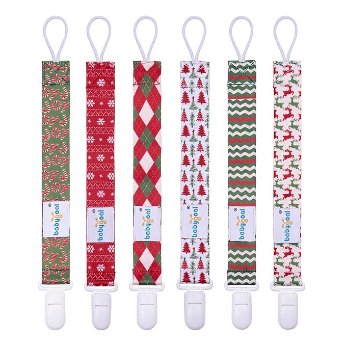 babygoal Christmas Pacifier Clips, 6 Pack Binky Paci Holder and Leash Fits for Most Pacifier, Binkies and Xmas Gift 6PB19