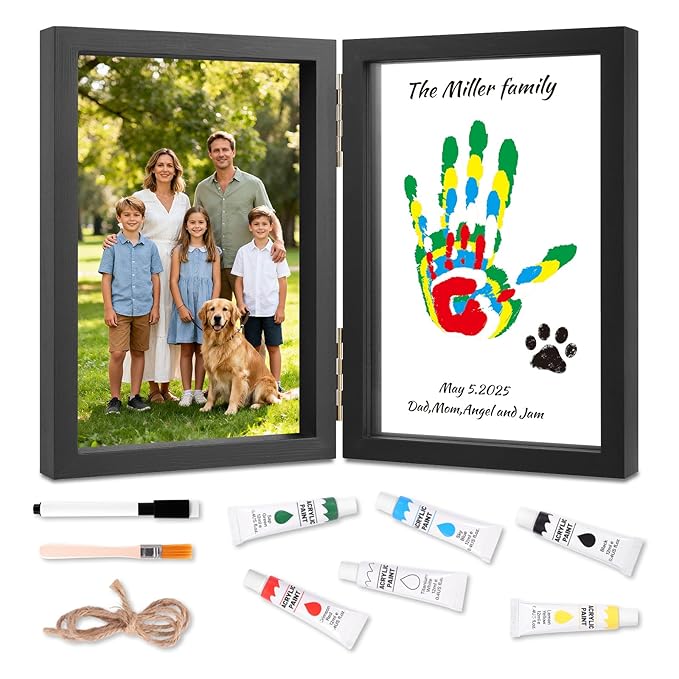 Family Handprint Kit, DIY Baby Hand and Footprint Handmade Keepsake Wooden Frame, Family Gifts with 6 Non-Toxic Baby-Safe Paint, Ideas Gift for New Parents, Grandparents, Father's Day, Mother's Day