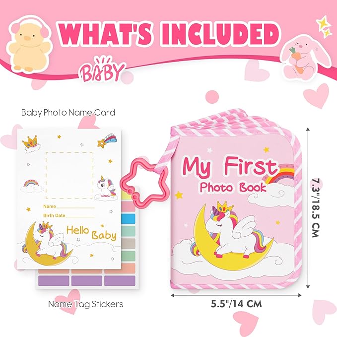 Lanpn Baby Photo Album Holds 17 4x6 Pictures, My First Soft Cloth Family Photo Book with Name Card & Name Tag Sticker, Fabric Kid Memory Keepsake Gift for Baby Shower Newborn Toddler Girl (Unicorn)