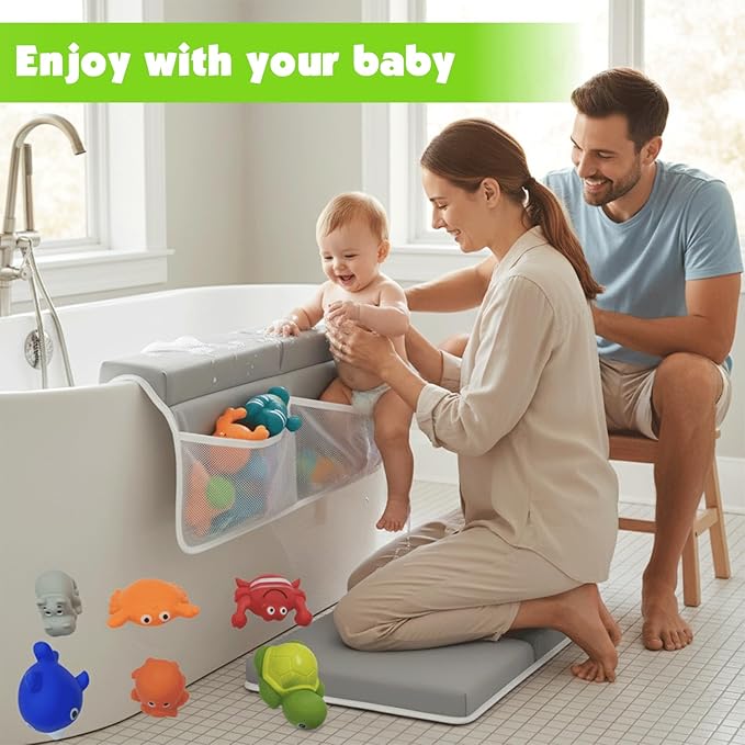 Bath Kneeler and Elbow Rest Pad Set for Baby Bathing – Thick Comfortable Foam Kneeling Pads with Non-Slip Base, Toy Organizer Pockets, Quick-Dry Foldable Bathtub Cushion for Parents & Toddlers (Grey)