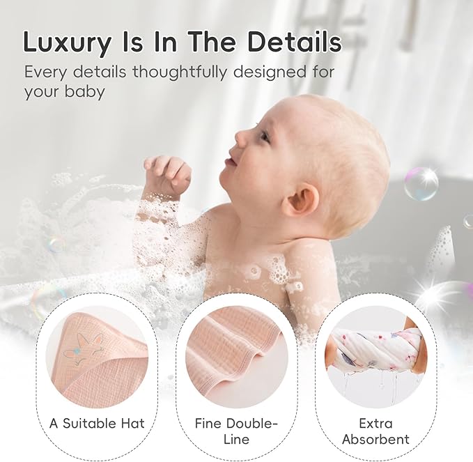 PHF 100% Muslin Cotton Baby Hooded Towels, 2 Pack Bath Towel with Hood for Newborn, Infant, Toddler, Ultra Soft and Absorbent Baby Bath Essentials, Shower Gifts for Girls, 32x32Inch, Pink Floral