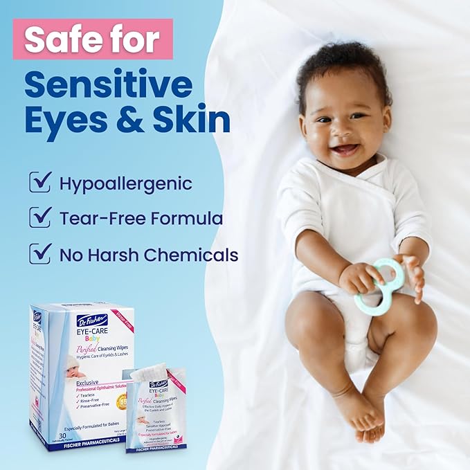 Purified, Non Irritating, Tear Free, Hypoallergenic & Sensitive Approved Baby Eyelid Wipes by Dr. Fischer – Pre-moistened, Rinse Free and Pediatrician Recommended (6)
