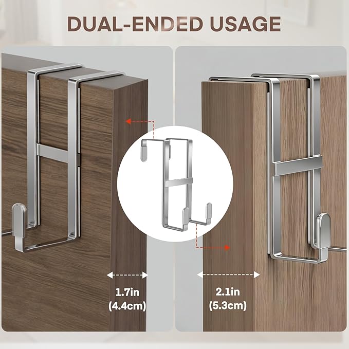 FYY 2 Packs Over The Door Hooks, Dual-Sided Door Hanger Hook, Heavy Duty No Drill Wall Hooks for Hanging Coats, Towels, Bags, Kitchen Closet Fits Most Doors Up to 1-7/8" Thickness (Silver)