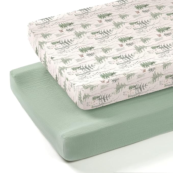 lulumoon Muslin Changing Pad Cover: 2-Pack Soft Breathable Cotton Boho Forest Print for Baby Boys - Nursery & Baby Shower