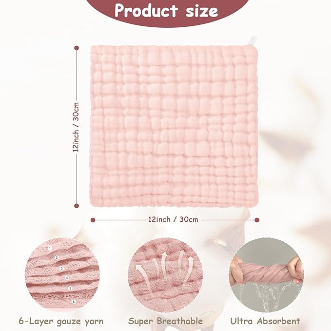Looxii Muslin Baby Washcloths 6 Pack, 100% Cotton Baby Wash Cloths for Baby Face Body, 12x12 inches Large Soft Absorbent Face Towels for Newborns Gradient Pink
