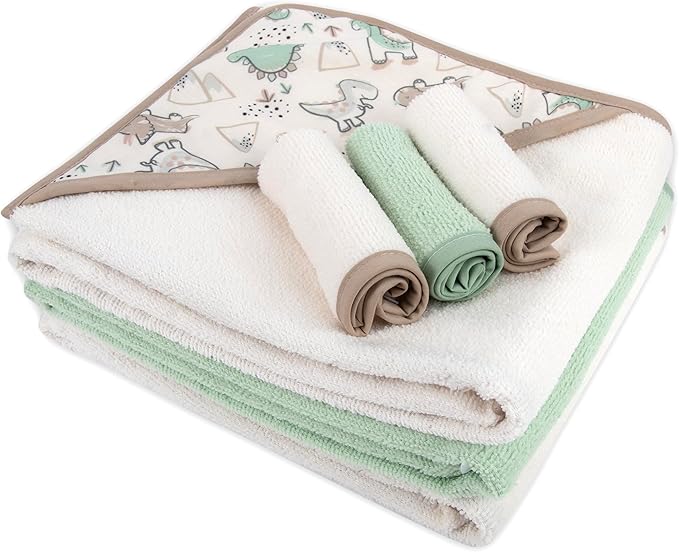 Hooded Baby Bath Towel and Washcloth 6 Piece Set for Newborns, Infants & Toddlers, Boys & Girls Baby Hooded Towels Set (Dinosaurs & Stripes)