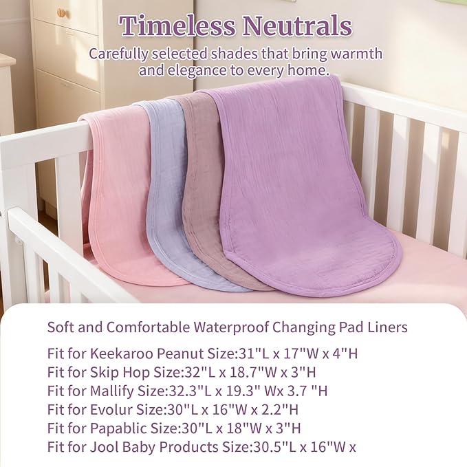 4-Pack Waterproof Changing Pad Liners | Fits Keekaroo Peanut Changer | Extra Thick, Ultra Soft & Absorbent | 2-Sided Reusable Diaper Mat | Machine Washable(Purple)