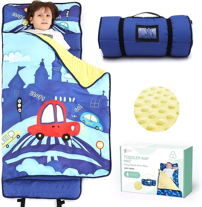 ACRABROS Toddler Nap Mat with Pillow and Blanket, Large Rolled Napping Mats,Slumber Bags for Boys Girls,Kids Sleeping Bag for Daycare, Preschool Travel