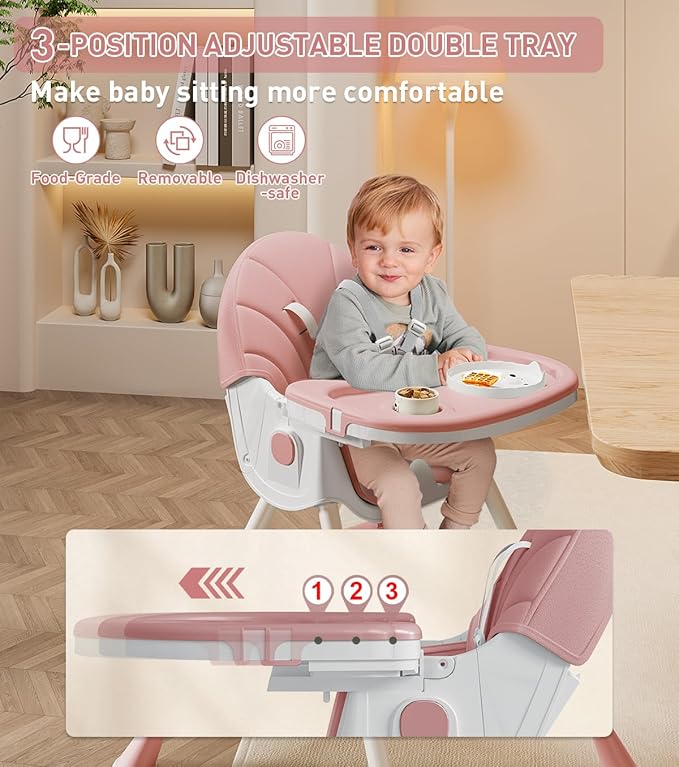 Baby High Chair, 5 in 1 High Chairs for Babies and Toddlers, Travel Foldable High Chair with Foot Rest, Detachable PU Cushion, Double Removable Tray, Adjustable Height & Recline