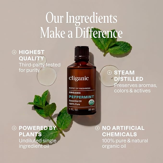 Cliganic Organic Peppermint Essential Oil - 100% Pure Natural for Aromatherapy Diffuser | Non-GMO Verified (Packaging May Vary)