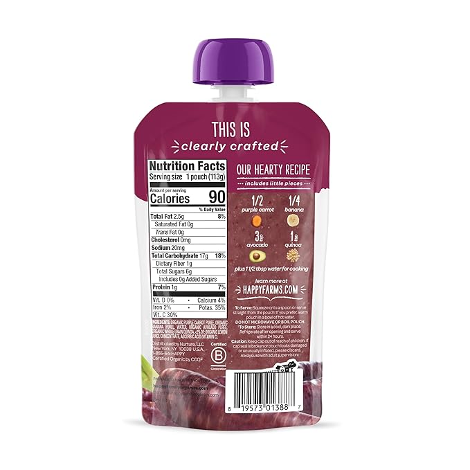 Happy Baby Organics Stage 2 Baby Food Pouches, Gluten Free, Vegan & Healthy Snack, Clearly Crafted Fruit & Veggie Puree, Purple Carrots, Bananas, Avocados & Quinoa, 4 Ounces (Pack of 16)
