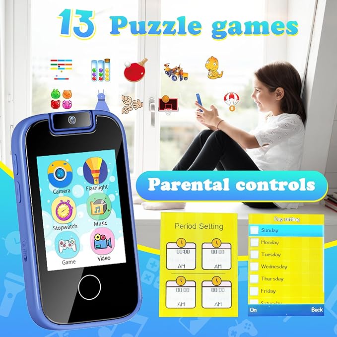 PTHTECHUS Kids Phone Toys for Girls Boys - Toddler Touchscreen MP3 Music Player with Dual Camera, Habit Tracker, Games, Alphabet, Educational Learning Toys Birthday Easter Gifts for 3-7 with SD Card