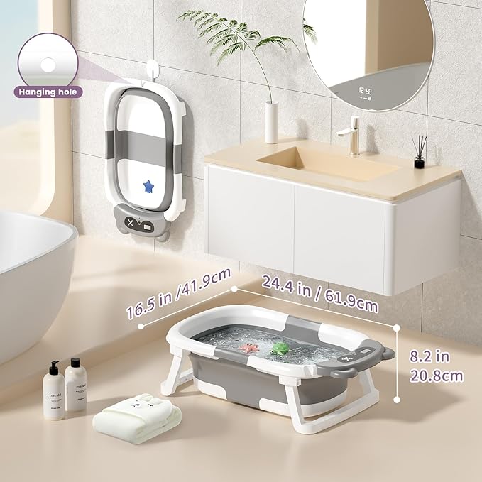 Collapsible Baby Bathtub for Newborn to Toddler (0-18 Months) - Foldable Baby Bath Tub with Soft Towel, Newborn& Infant Bathtub for Travel and Outdoor, Grey