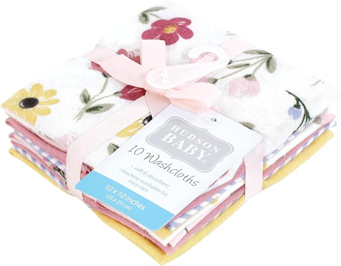 Hudson Baby Unisex Baby Flannel Cotton Washcloths, Soft Painted Floral 10 Pack, One Size