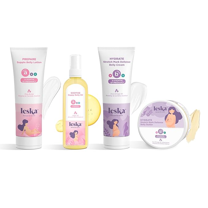 Leska Pregnancy Stages A & B Set | Belly Lotion, Belly Oil, Stretch Mark Defense Cream & Butter | Pregnant Mom Months 1-9 | Part of a Complete 3-Stage Pregnancy Skincare System (Set of 4, 4-4.93oz)