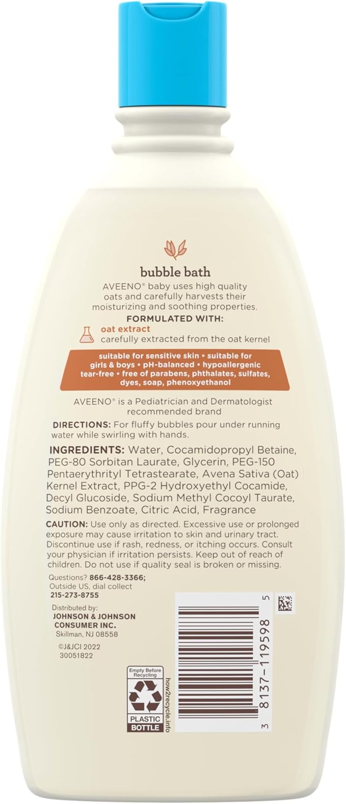 Aveeno Baby Sensitive Skin Bubble Bath with Oat Extract, Gently Cleanses and Leaves Skin Feeling Hydrated, Tear-Free Formula, Hypoallergenic, Paraben-, Phthalate-, Soap- & Dye-Free, 19.2 fl. Oz