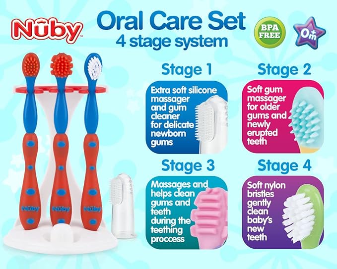 Nuby 4 Stage Oral Care Set System (Red/Blue)