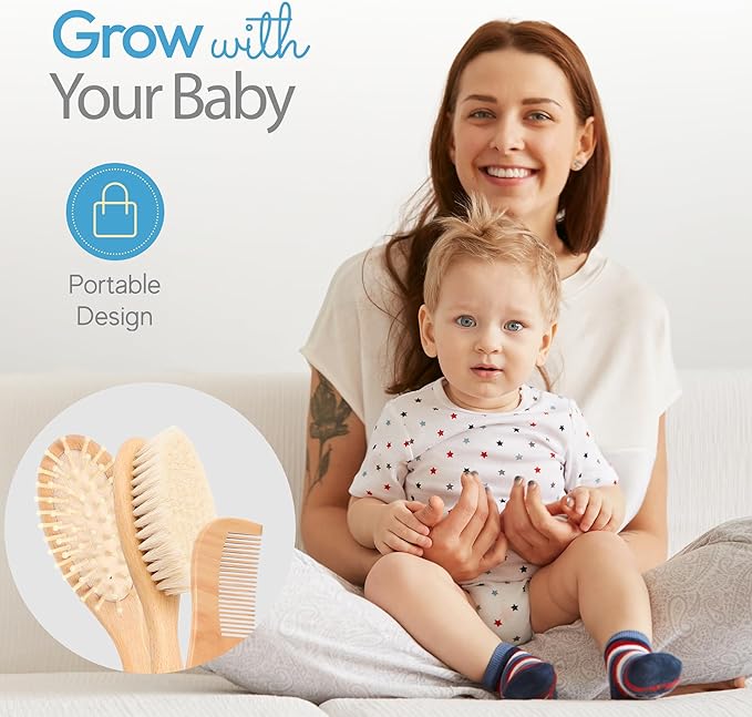 The Hat Pros Wooden Baby Hairbrush & Comb Set | Soft Goat Hair Brush for New Born & Toddlers, Prevents Cradle Cap, 3-in-1 Gift Set for Baby Shower Celebrations