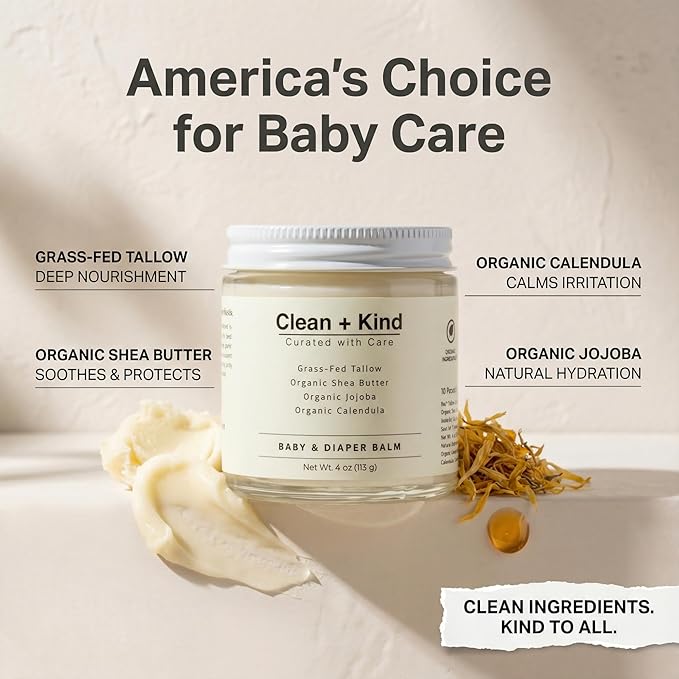 Organic Diaper Balm – 4 oz Baby Diaper Rash Cream – Soothes & Protects Sensitive Skin with Grass-Fed Tallow, Shea Butter, Jojoba & Calendula – Petroleum-Free, Organic Baby Balm
