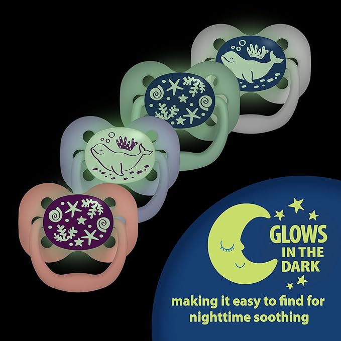 Dr. Brown's Advantage Glow-in-The-Dark Baby Pacifier, Fully Symmetrical Soother with Soft Silicone Bulb, Blue Ocean, 0-6m, BPA Free, 2 Pack
