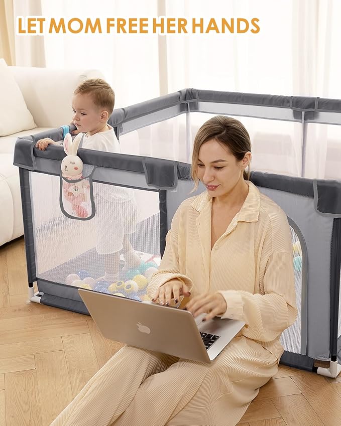 Baby Playpen with Mat, 71" x 59" Extra Large Play Yard for Babies and Toddlers, Baby Fence with Soft Thick Play Mat, Indoor Safety Activity Center for Infants, Easy to Assemble and Clean（Gray）
