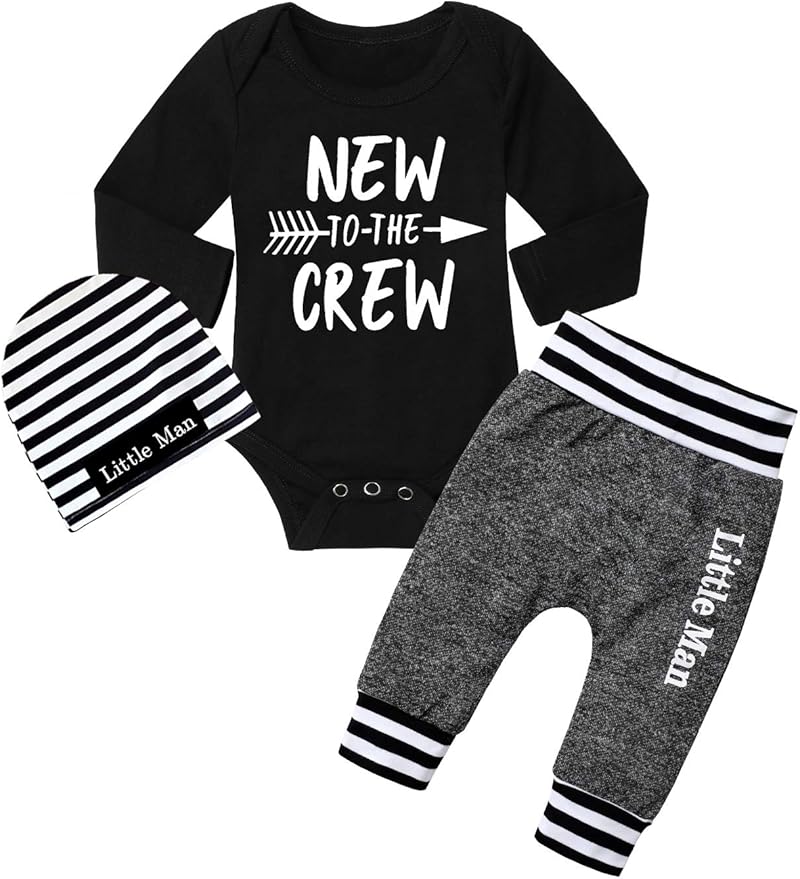 Fommy Newborn Baby Boy Clothes New to The Crew Letter Print Romper+ Pants+Hat 3PCS Outfit