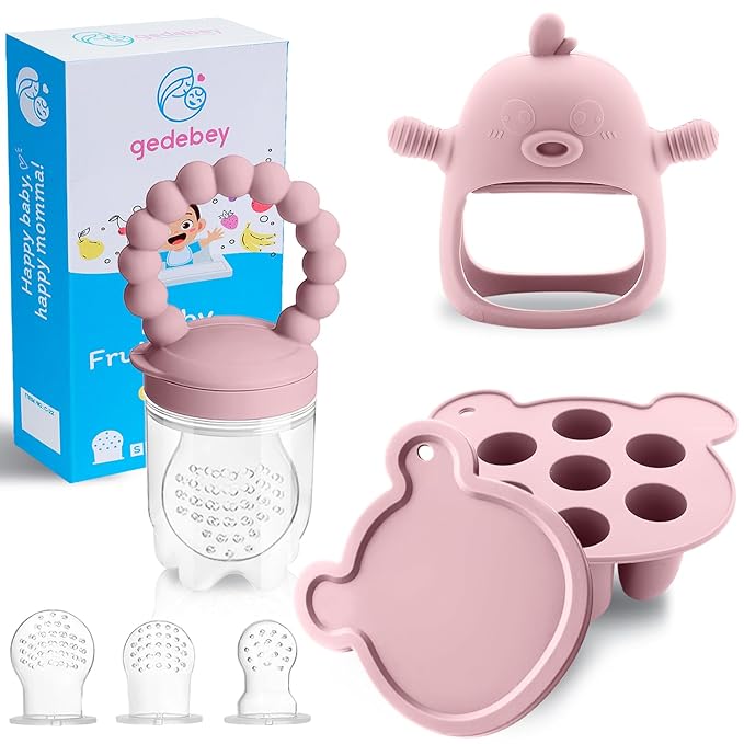 Baby Fruit Feeder & Breastmilk Popsicle Mold Set – 3 Pack Silicone Teething Relief Kit with Food Feeder Pacifier, Freezer Tray with Lid & Baby Teether (Blush)